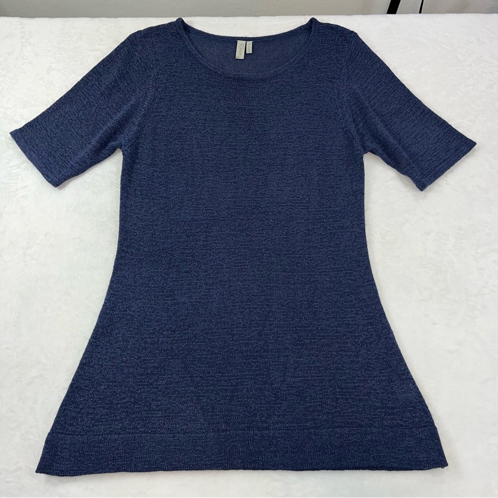 Sahalie Open Knit Tunic Sweater Sz XL  Blue Beachy Short Sleeve Lagenlook Artsy